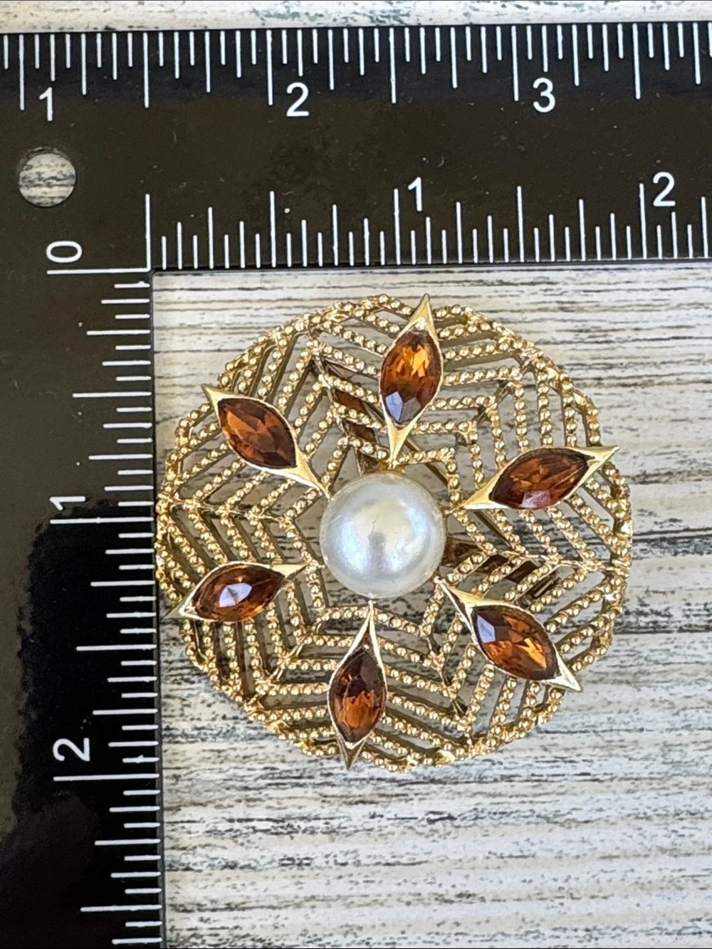 EUC Vintage Gold-Tone Brooch with Faux Amber Marquise Stones & Faux Pearl Center